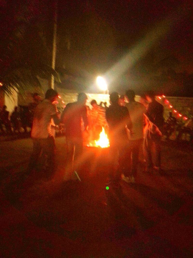 Guests gathered around a bonfire